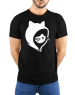 Simple Cat Face Hoodie Outline Cool Minimal Graphic Tee - model wearing black tee with hands behind back