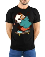 Cool Panda Skateboard Headphones Music Lover Graphic T Shirt - model wearing black tee with hands behind back