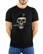 Skull Soldier Beret Knife Tactical Military Graphic T Shirt - model wearing black tee with hands behind back