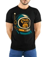 Cool Astronaut Gorilla Space Ape Retro Graphic T Shirt - model wearing black tee with hands behind back