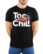 Too Chill Astronaut Relaxing Funny Space Graphic T Shirt - model wearing black tee with hands behind back