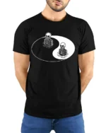 Yin Yang Skeleton Balance Dark Humor Aesthetic Graphic T Shirt - model wearing black tee with hands behind back