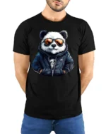 Cool Panda Sunglasses Streetwear Graphic T Shirt Stylish Tee - model wearing black tee with hands behind back