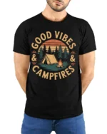 Good Vibes And Campfires Vintage Camping Graphic T Shirt - model wearing black tee with hands behind back