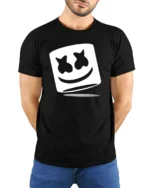 DJ Marshmallow Smile Face Minimalist Music Graphic T Shirt - model wearing black tee with hands behind back