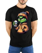 Cool Grinch Style Monster Drinking Beer Funny T Shirt - model wearing black tee with hands behind back