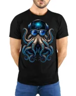 Cool DJ Octopus With Headphones Sunglasses Graphic T Shirt - model wearing black tee with hands behind back