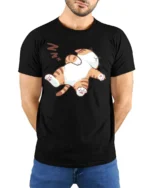 Funny Lazy Cat Nap Time Cozy Cartoon Graphic T Shirt - model wearing black tee with hands behind back