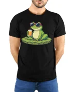 Cute Cool Frog Sunglasses Drink Summer Fun Graphic T Shirt - model wearing black tee with hands behind back