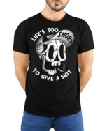 Life Is Too Short Funny Skull Dude Attitude Graphic T Shirt - model wearing black tee with hands behind back