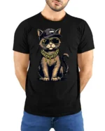 Cool Gangster Cat Gold Chain Hip Hop Style Graphic T Shirt - model wearing black tee with hands behind back