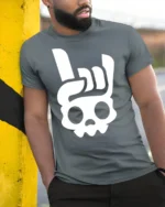 Rock On Skull Hand Sign Minimalist Cool Graphic T Shirt - model wearing grey tee, leaning on column