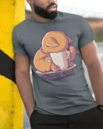 Cute Sleepy Cat Morning Mood Coffee Lover Funny T Shirt - model wearing grey tee, leaning on column