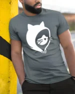 Simple Cat Face Hoodie Outline Cool Minimal Graphic Tee - model wearing grey tee, leaning on column