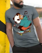 Cool Panda Skateboard Headphones Music Lover Graphic T Shirt - model wearing grey tee, leaning on column