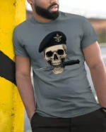 Skull Soldier Beret Knife Tactical Military Graphic T Shirt - model wearing grey tee, leaning on column