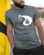 Yin Yang Skeleton Balance Dark Humor Aesthetic Graphic T Shirt - model wearing grey tee, leaning on column
