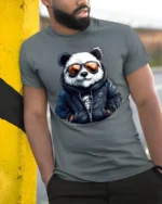Cool Panda Sunglasses Streetwear Graphic T Shirt Stylish Tee - model wearing grey tee, leaning on column