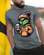 Cool Grinch Style Monster Drinking Beer Funny T Shirt - model wearing grey tee, leaning on column