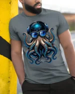 Cool DJ Octopus With Headphones Sunglasses Graphic T Shirt - model wearing grey tee, leaning on column