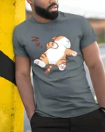 Funny Lazy Cat Nap Time Cozy Cartoon Graphic T Shirt - model wearing grey tee, leaning on column