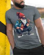 Cool Streetwear Gnome Hipster Urban Style Graphic T Shirt - model wearing grey tee, leaning on column