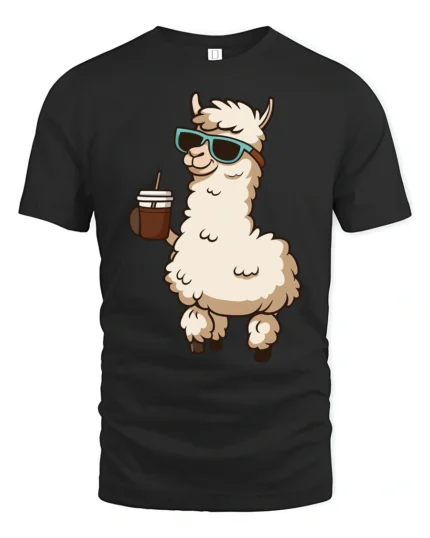 Cool Llama Drinking Coffee Funny Cartoon T Shirt Vibe - black t-shirt on white background