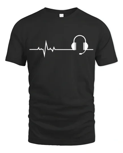 Music Heartbeat Headphones Graphic T Shirt Minimalist Audio Tee - black t-shirt on white background