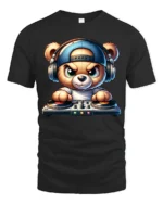 Cute DJ Teddy Bear Headphones Turntable Graphic T Shirt Music Tee - black t-shirt on white background