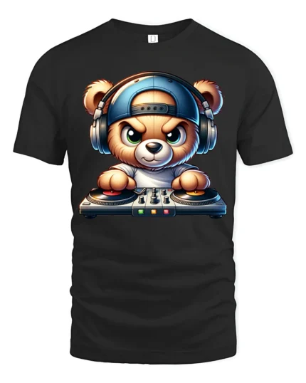Cute DJ Teddy Bear Headphones Turntable Graphic T Shirt Music Tee - black t-shirt on white background