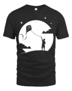 Boy Flying Kite Moonlight Silhouette Graphic T Shirt Dreamy Tee - black t-shirt on white background
