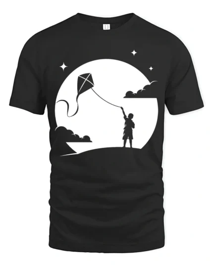Boy Flying Kite Moonlight Silhouette Graphic T Shirt Dreamy Tee - black t-shirt on white background