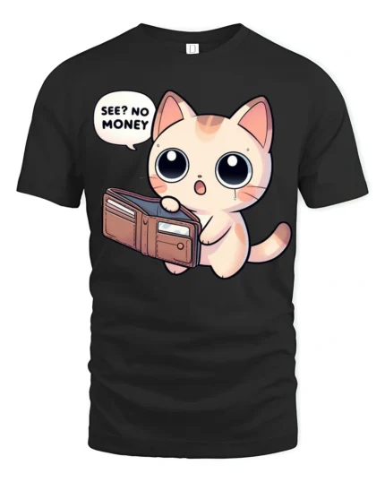 Funny Broke Cat No Money Wallet Cute Cartoon Graphic T Shirt - black t-shirt on white background
