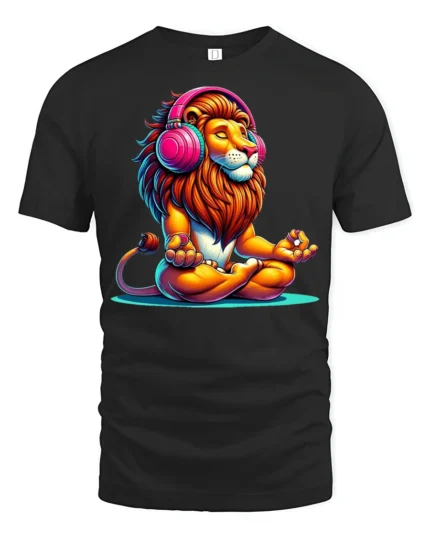 Meditating Lion With Headphones Colorful Zen Graphic T Shirt - black t-shirt on white background