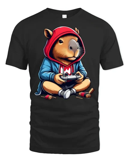 Cute Capybara Gamer Hoodie Playing Controller Graphic T Shirt - black t-shirt on white background