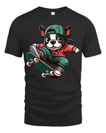 Cute Skateboarding French Bulldog Graphic T Shirt Street Style Tee - black t-shirt on white background