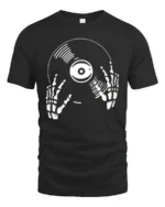 Skeleton DJ Vinyl Record Graphic T Shirt Music Lover Tee Style - black t-shirt on white background