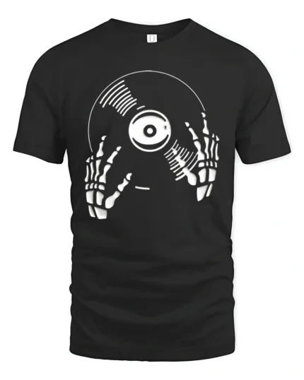 Skeleton DJ Vinyl Record Graphic T Shirt Music Lover Tee Style - black t-shirt on white background