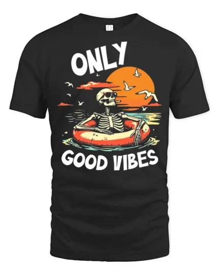 Only Good Vibes Skeleton Pool Float Sunset Graphic T Shirt - black t-shirt on white background