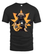 Cool Pug Playing Guitar Rockstar Graphic T Shirt Funny Dog Tee - black t-shirt on white background