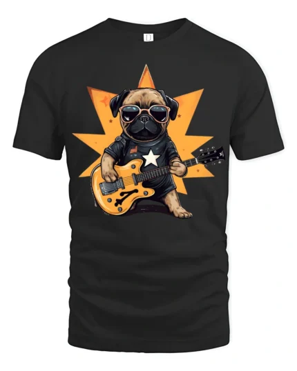 Cool Pug Playing Guitar Rockstar Graphic T Shirt Funny Dog Tee - black t-shirt on white background
