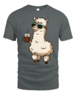 Cool Llama Drinking Coffee Funny Cartoon T Shirt Vibe - gray t-shirt on white background