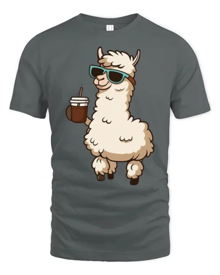 Cool Llama Drinking Coffee Funny Cartoon T Shirt Vibe - gray t-shirt on white background