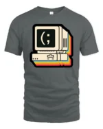 Retro Computer Smiley Face Coding Graphic T Shirt Vintage Tech Tee - gray t-shirt on white background