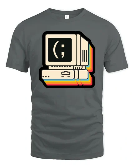 Retro Computer Smiley Face Coding Graphic T Shirt Vintage Tech Tee - gray t-shirt on white background