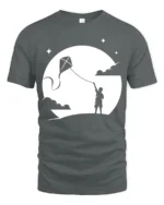 Boy Flying Kite Moonlight Silhouette Graphic T Shirt Dreamy Tee - gray t-shirt on white background