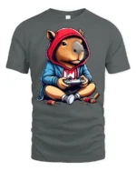 Cute Capybara Gamer Hoodie Playing Controller Graphic T Shirt - gray t-shirt on white background