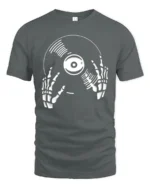 Skeleton DJ Vinyl Record Graphic T Shirt Music Lover Tee Style - gray t-shirt on white background