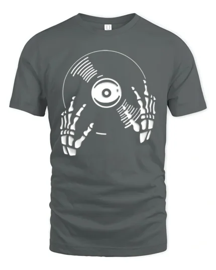 Skeleton DJ Vinyl Record Graphic T Shirt Music Lover Tee Style - gray t-shirt on white background