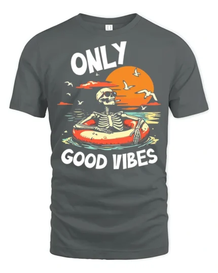 Only Good Vibes Skeleton Pool Float Sunset Graphic T Shirt - gray t-shirt on white background